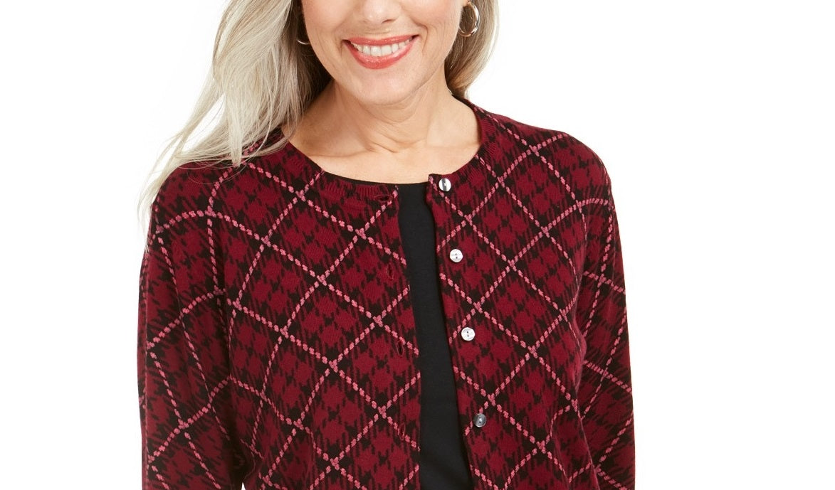 Karen Scott Women's Holiday Plaid-Print Cardigan Ks Merlot Size Small