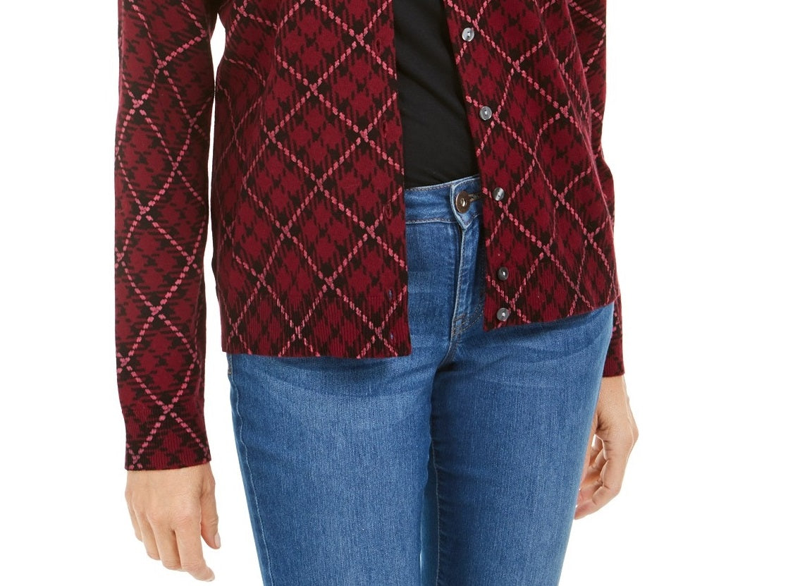 Karen Scott Women's Holiday Plaid-Print Cardigan Ks Merlot Size Small