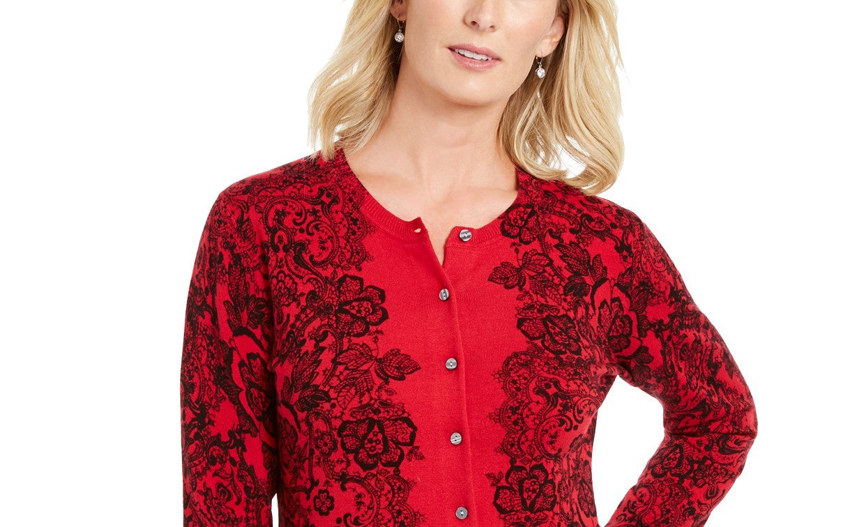 Karen Scott Women's Lace-Print Cardigan Red Size Medium