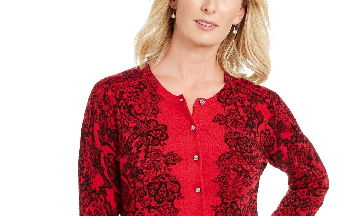 Karen Scott Women's Lace-Print Cardigan Red Size Small