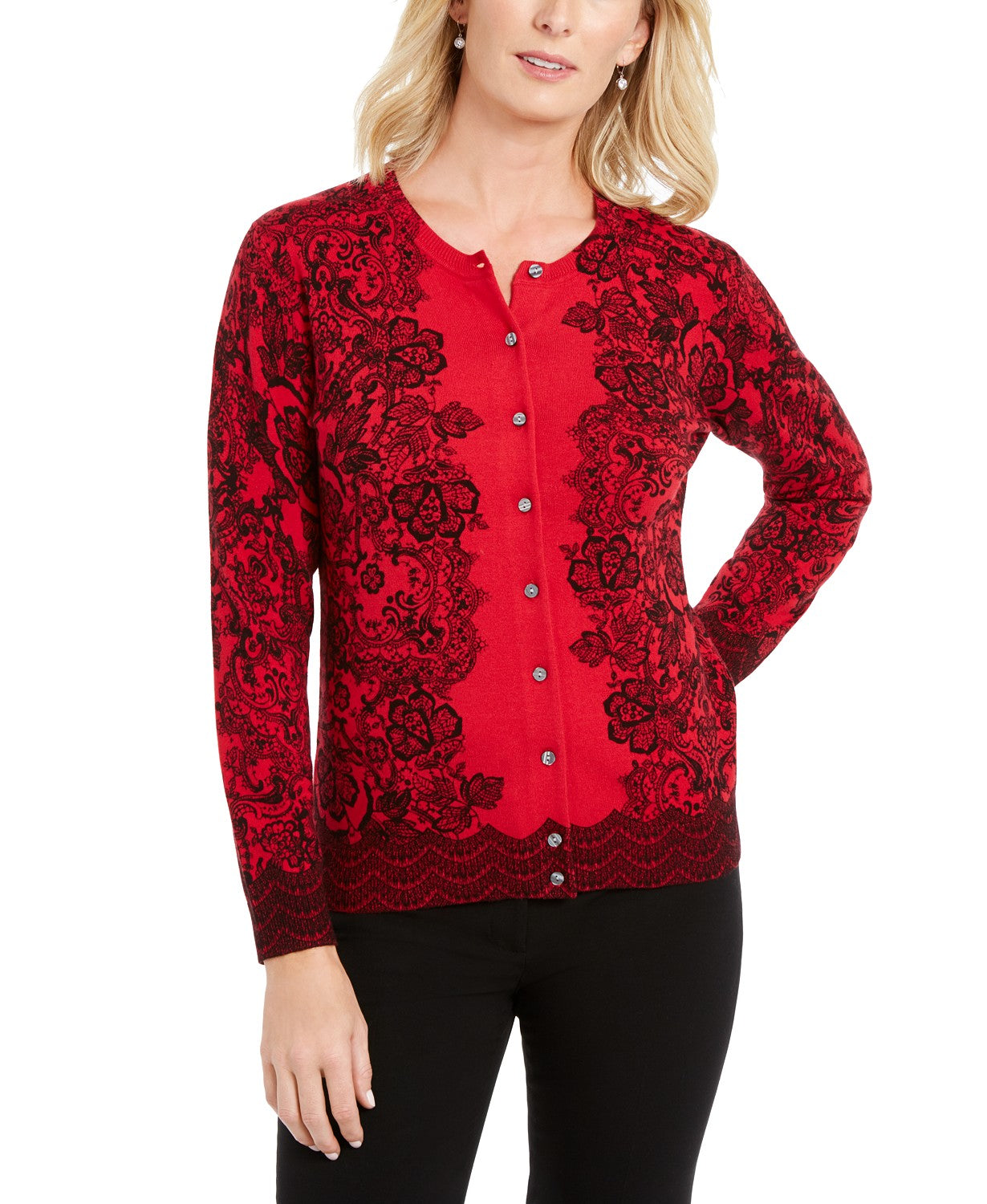 Karen Scott Women's Lace-Print Cardigan Red Size Extra Small