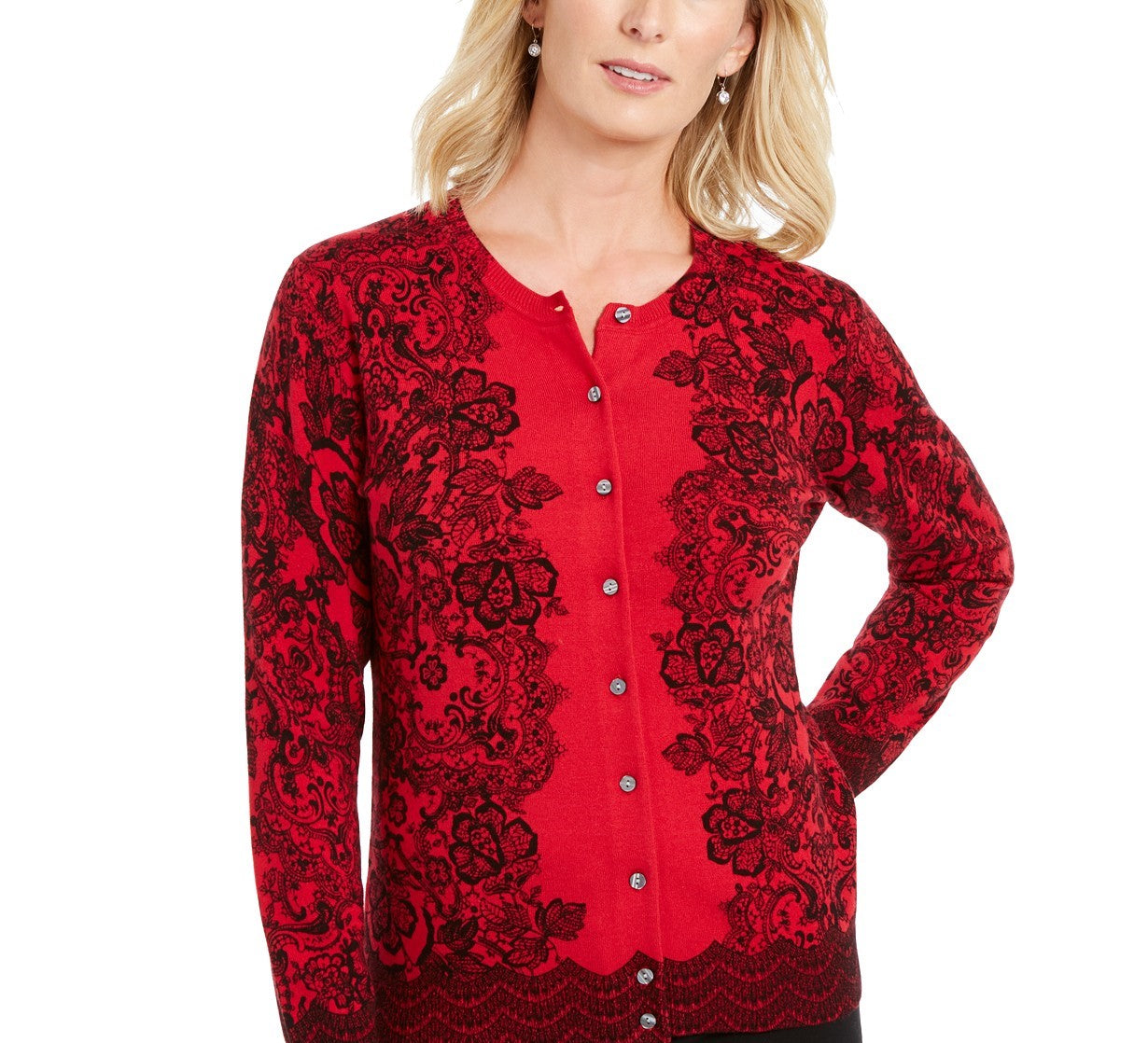 Karen Scott Women's Lace-Print Cardigan Red Size Extra Small