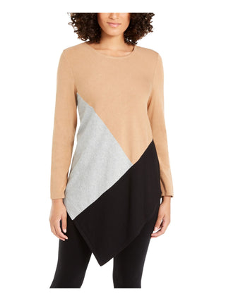 Alfani Women's Color Block Jewel Neck Hi-Lo Sweater Brown Size Small