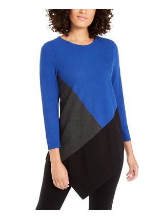 Alfani Women's Color Block Jewel Neck Hi-Lo Sweater Blue Size Small