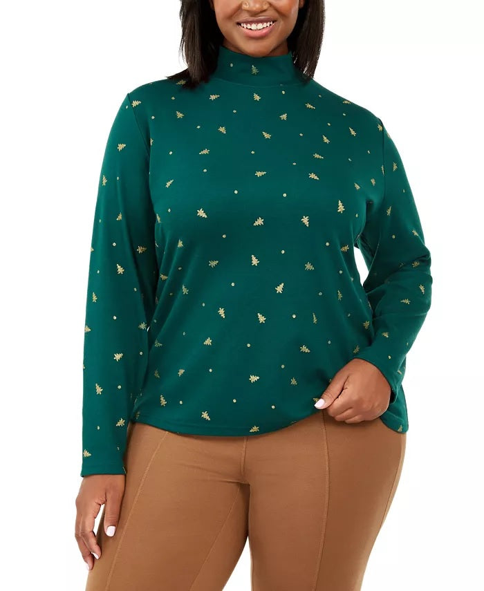 Karen Scott Women's Plus Size Tree Printed Mock-Neck Top Bright Green Size 0X