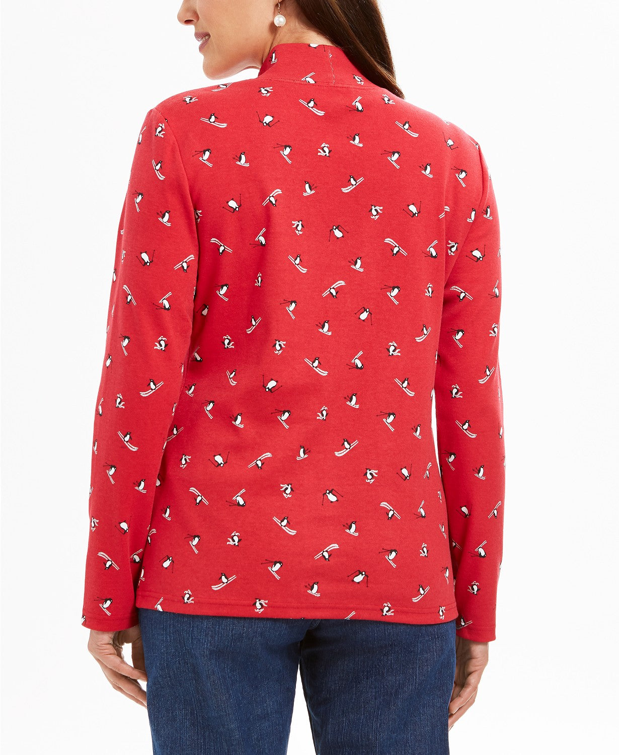 Karen Scott Women's Skiing Penguins Printed Mock-Neck Top  Red Size Small