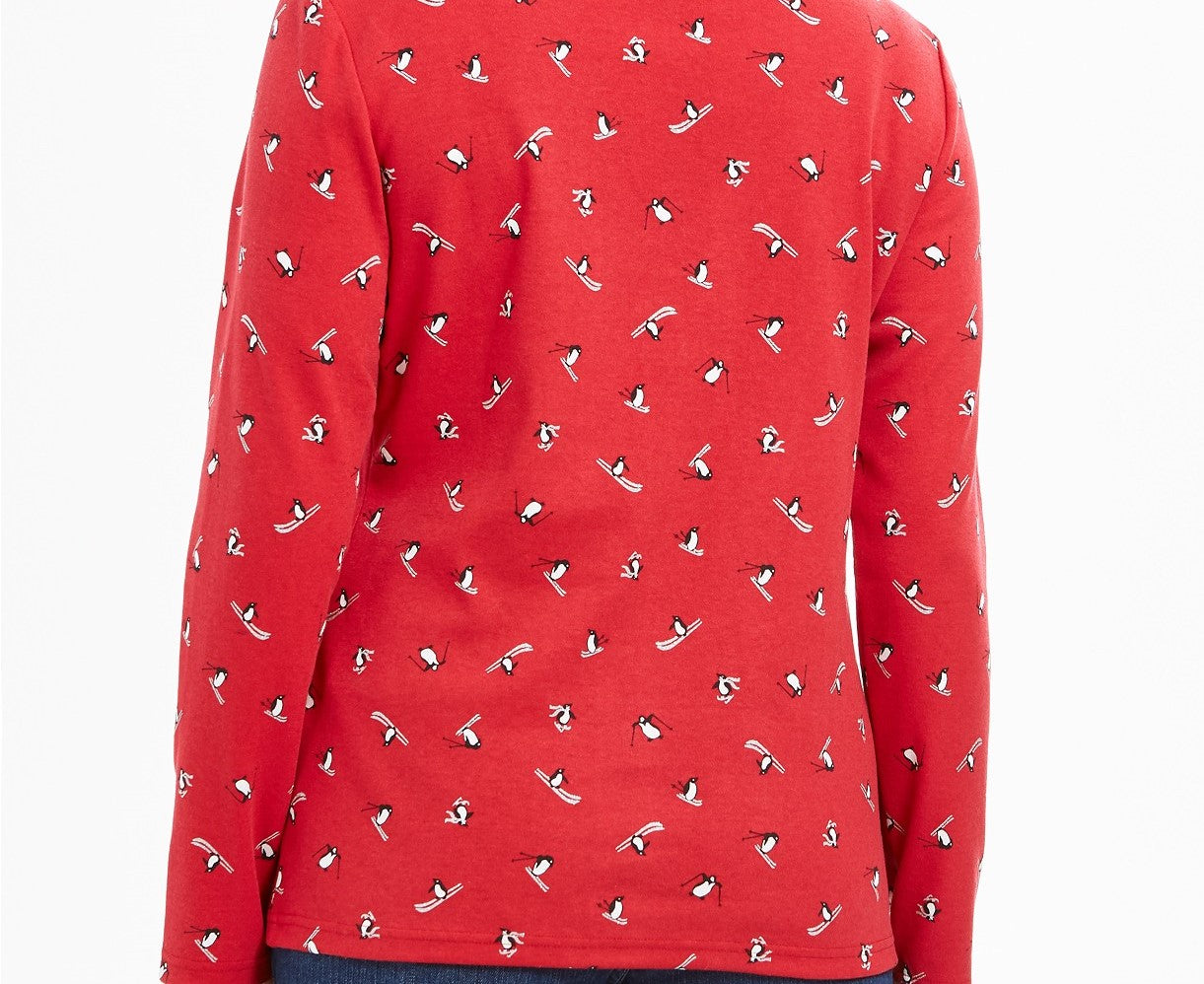 Karen Scott Women's Skiing Penguins Printed Mock-Neck Top  Red Size Small