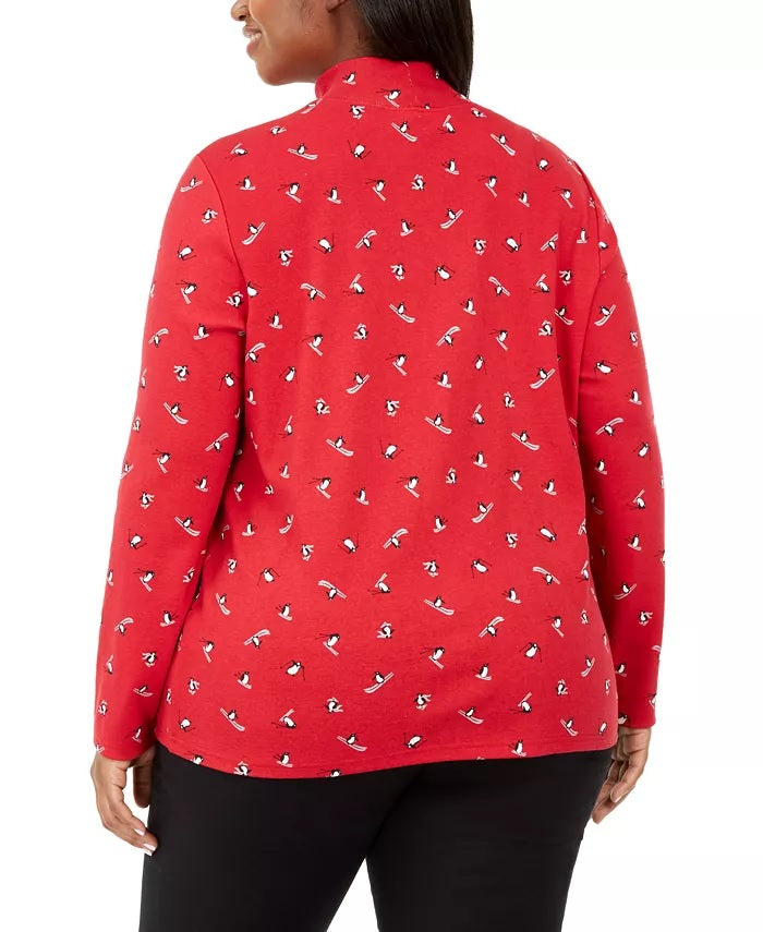 Karen Scott Women's Plus Size Skiing Penguins Printed Mock-Neck Top  Bright Red Size 1X