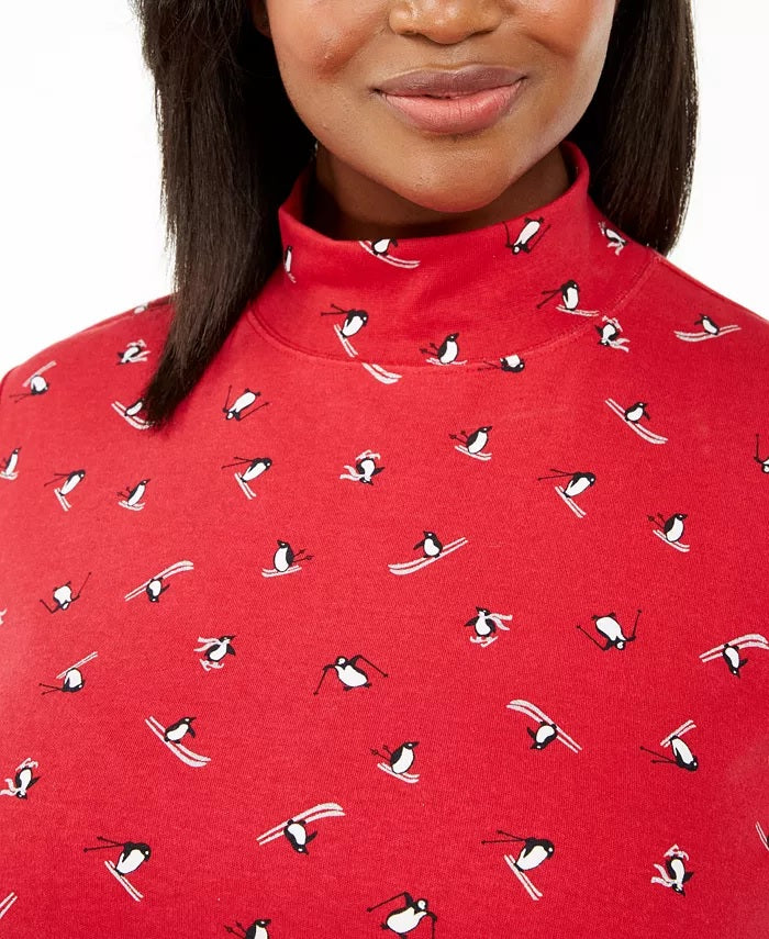 Karen Scott Women's Plus Size Skiing Penguins Printed Mock-Neck Top  Bright Red Size 1X