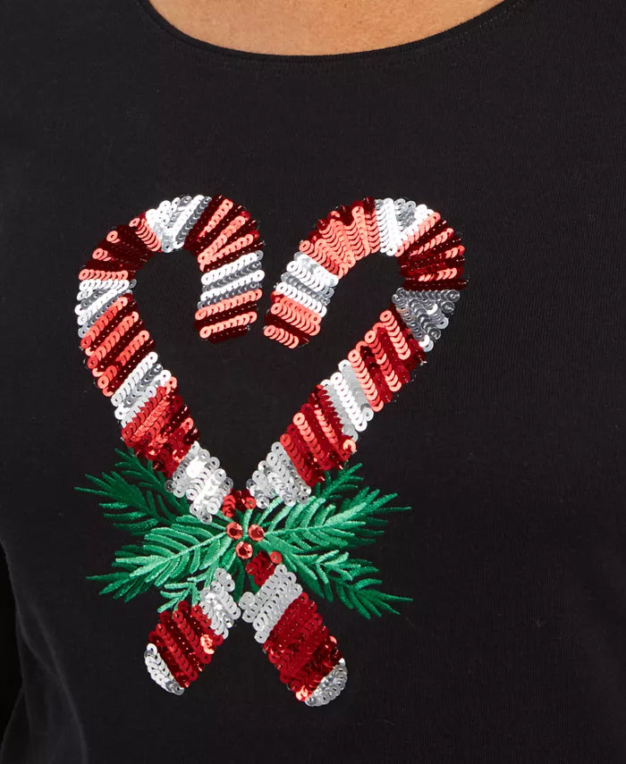 Karen Scott Women's Sequin Candy Cane Shirt Black Size Large