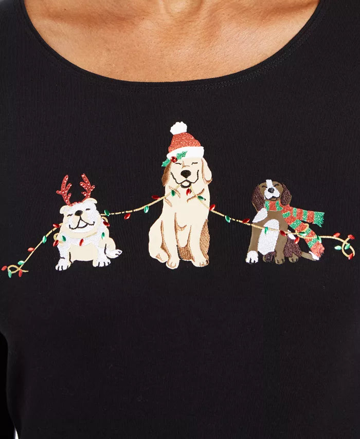 Karen Scott Women's Embroidered Holiday Dog Shirt Black Size Extra Large