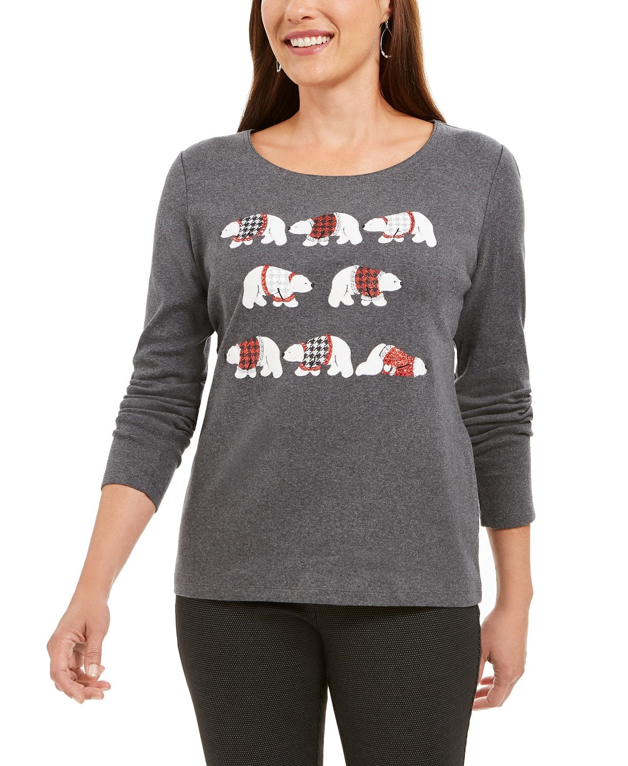 Karen Scott Women's Polar Parade Embellished Cotton Top Charcoal Size Medium