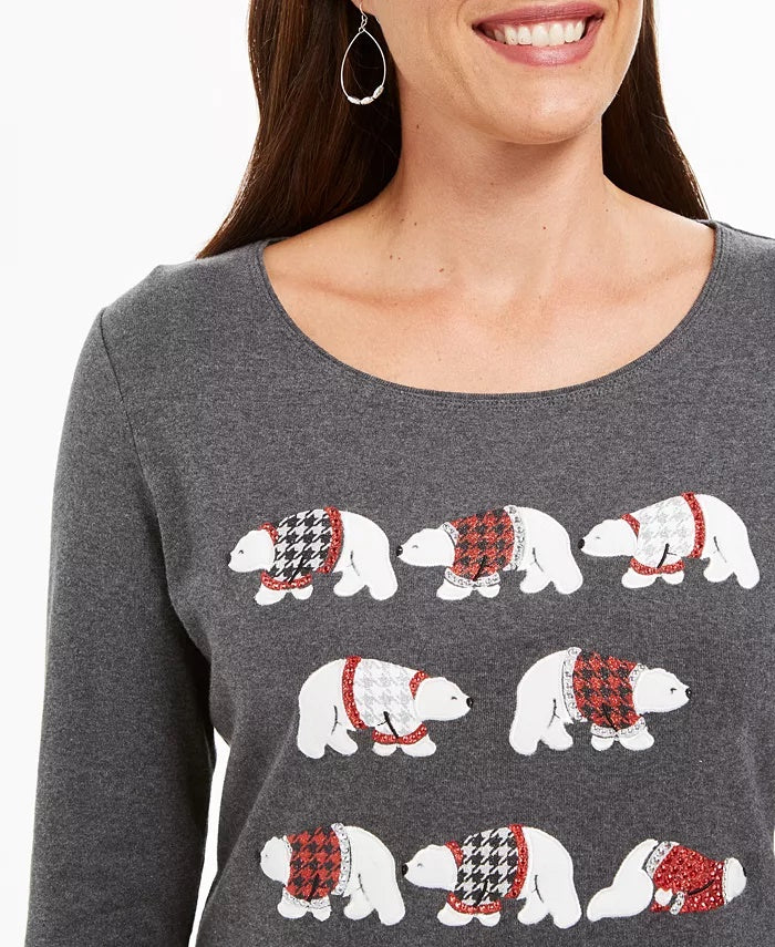 Karen Scott Women's Polar Parade Embellished Cotton Top Charcoal Size Medium