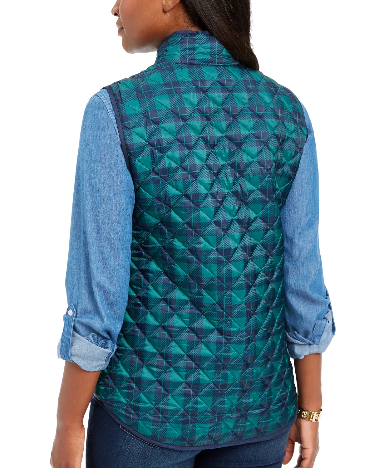 Karen Scott Women's Sport Plaid Puffer Vest Navy Size X-Small