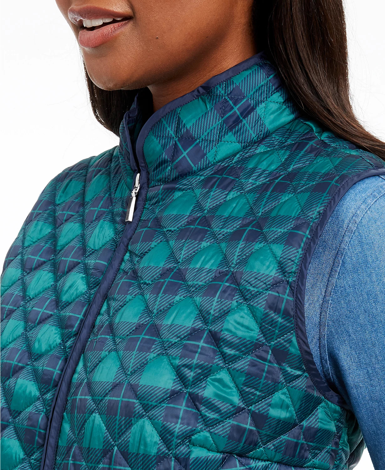 Karen Scott Women's Sport Plaid Puffer Vest Navy Size X-Small