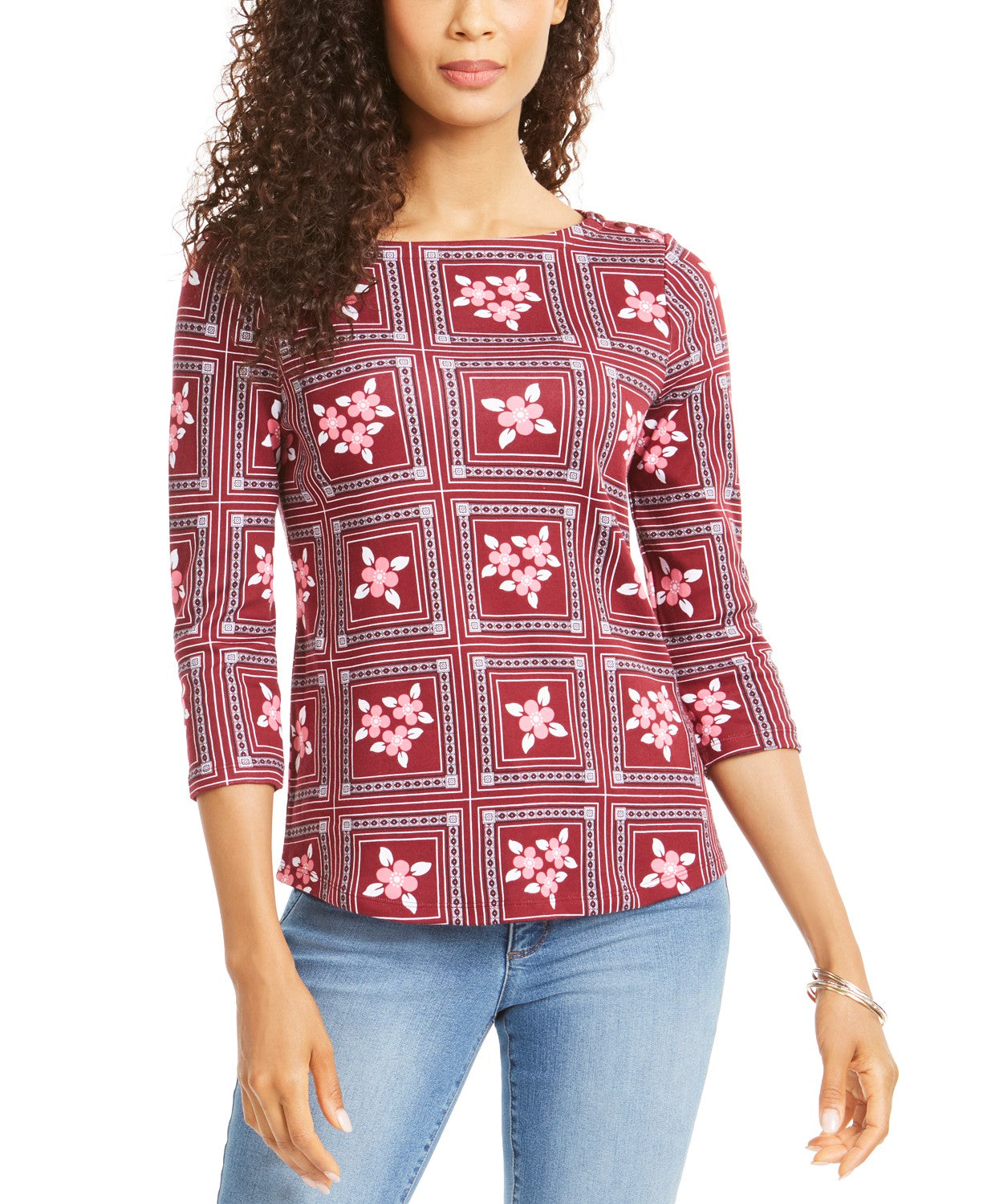 Charter Club Women's Tile-Print Top Red Size Extra Large