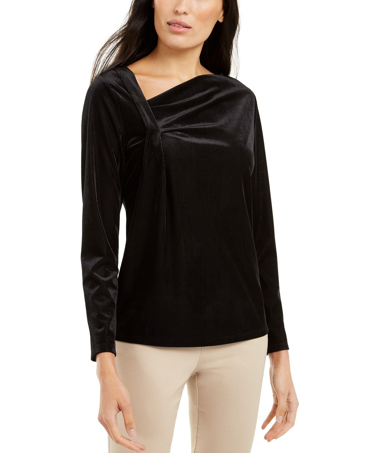 Alfani Women's Asymmetrical-Neckline Velvet Top Black Size Small