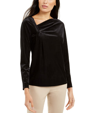 Alfani Women's Asymmetrical-Neckline Velvet Top Black Size Small