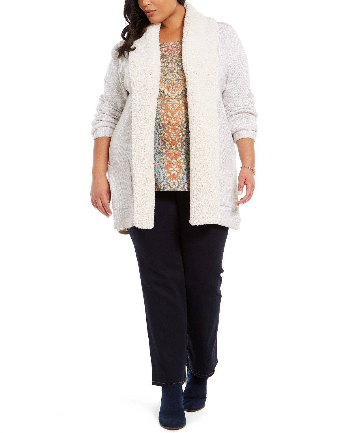 Style & Co Women's Plus Size Sherpa-Collar Cardigan Beige Size 3X
