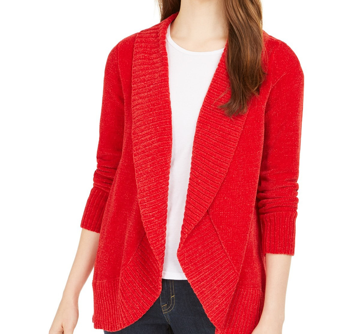 Style & Co Women's Knit Chenille Shawl Collar Cardigan Red Size Large