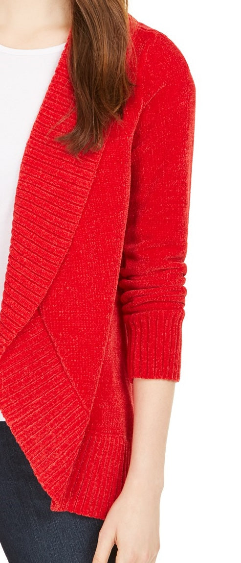 Style & Co Women's Petite Chenille Shawl-Collar Cardigan  Red Size PM