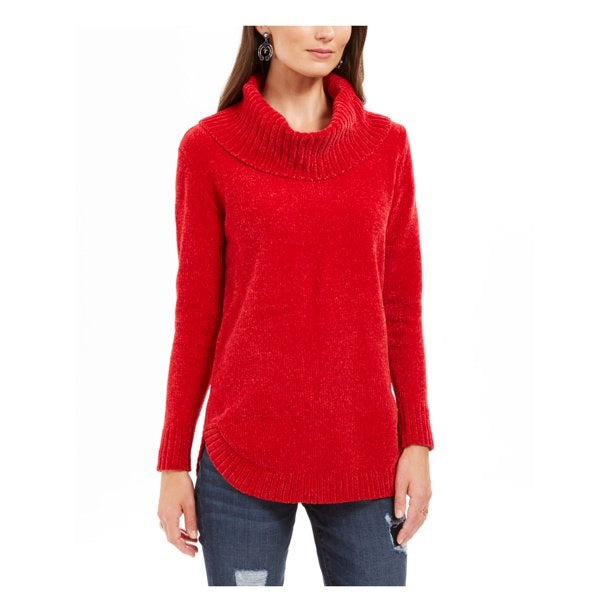 Style & Co Women's Textured Long Sleeve Cowl Neck Sweater Red Size Petite Large