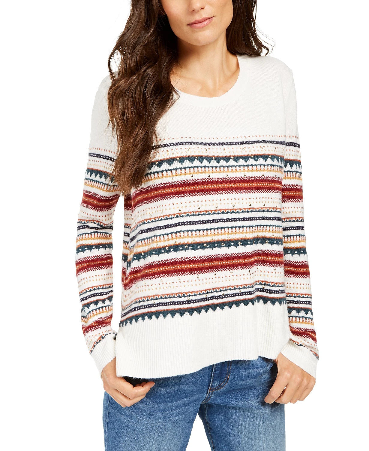 Style & Co Women's Striped Studded Sweater Beige Size Large
