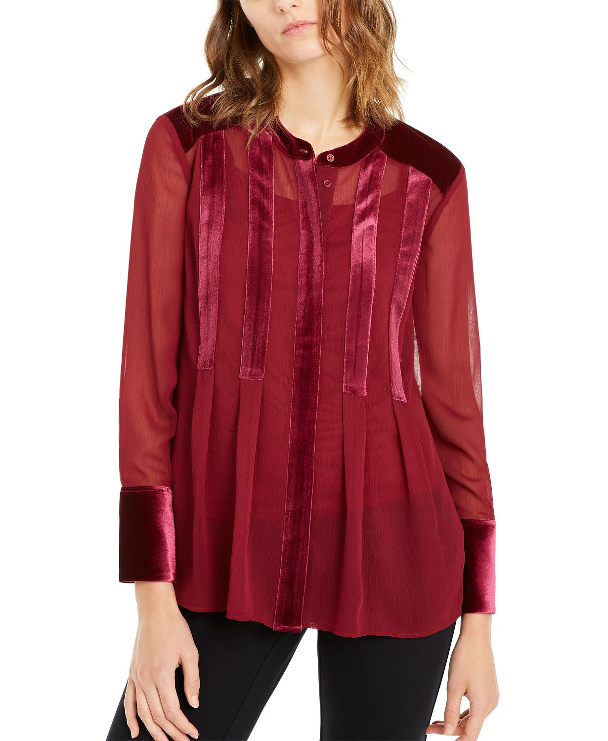 Alfani Women's Velvet-Trim Button-Front Top Wine Size Medium