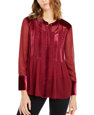 Alfani Women's Velvet-Trim Button-Front Top Wine Size Medium