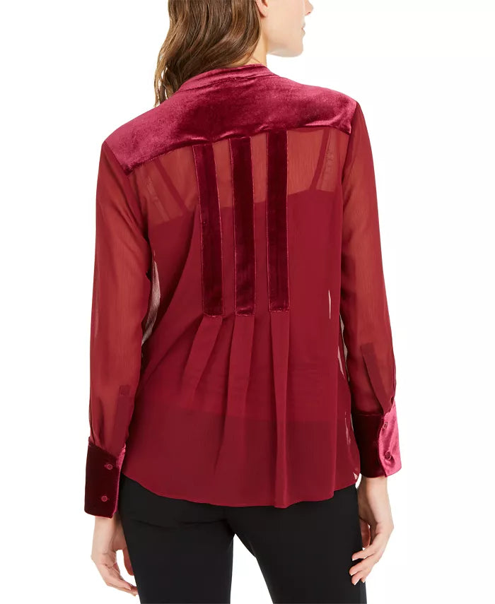 Alfani Women's Velvet-Trim Button-Front Top Wine Size Medium