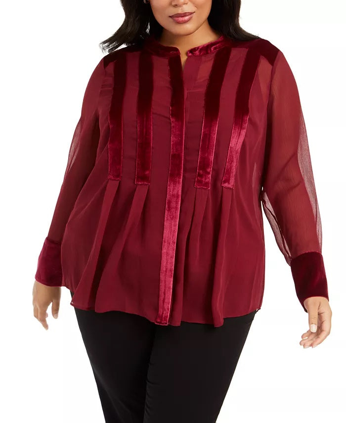 Alfani Women's Plus Velvet Trim Blouse Wine Size 1X