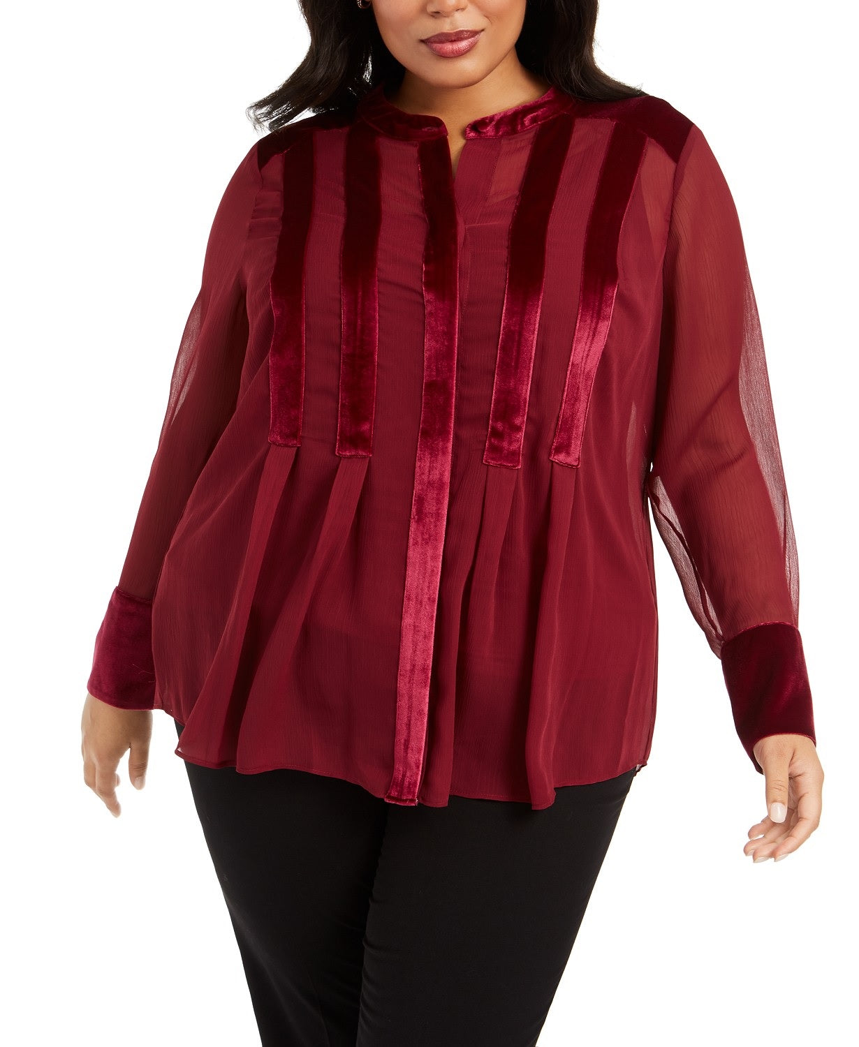 Alfani Women's Plus Size Velvet-Trim Blouse Red Size X-Large