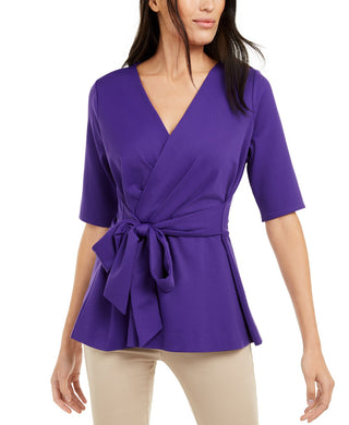 Alfani Women's Faux-Wrap Tie-Front Peplum Blouse Blue Size Medium