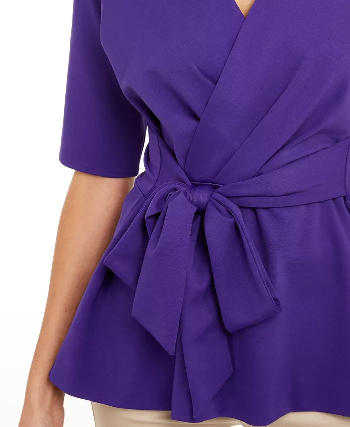 Alfani Women's Faux-Wrap Tie-Front Peplum Blouse Blue Size Medium