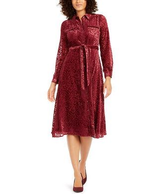 Alfani Women's Velvet Burnout Belted Shirtdress Wine Size 12
