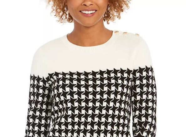 Charter Club Women's Petite Houndstooth Button-Shoulder Sweater Black Size Medium