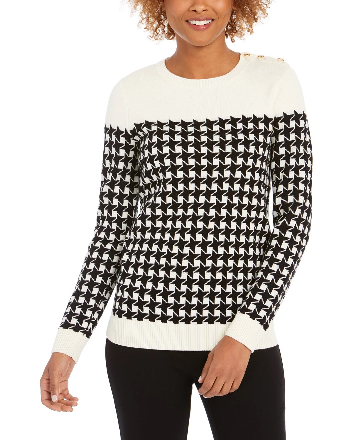 Charter Club Women's Petite Houndstooth Button-Shoulder Sweater Black Size Petite Small