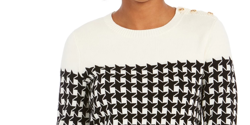Charter Club Women's Petite Houndstooth Button-Shoulder Sweater Black Size Petite Small
