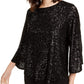 Alfani Women's Petite Sequined Bell-Sleeve Top Black Size Petite