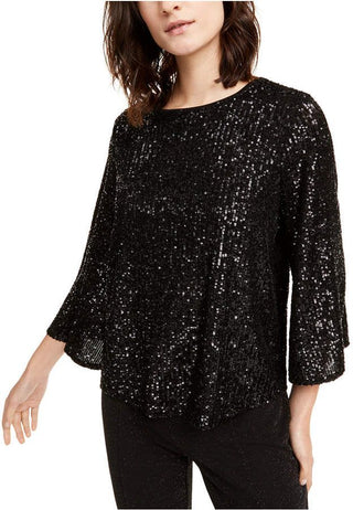 Alfani Women's Petite Sequined Bell-Sleeve Top Black Size Petite