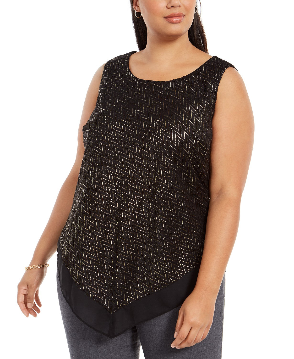 Alfani Women's Plus Size Metallic-Threaded V-Hem Top Black Size 3 X-Large