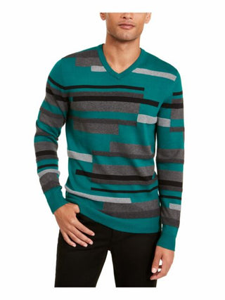 Alfani Men's Textured Striped V-Neck Sweater Green Size Large