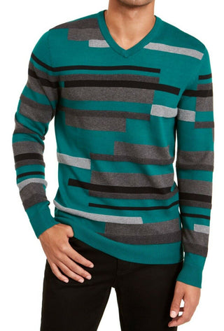Alfani Men's Textured Striped V-Neck Sweater Green Size Small