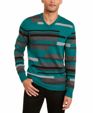 Alfani Men's Textured Striped V-Neck Sweater Green Size XX-Large