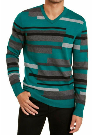 Alfani Men's Textured Striped V-Neck Sweater Cape Green Size Extra Large