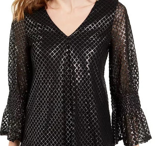 Alfani Women's Metallic-Print Smocked-Sleeve Top Med Gray Size Medium