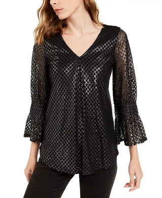 Alfani Women's Metallic-Print Smocked-Sleeve Top Med Gray Size Medium