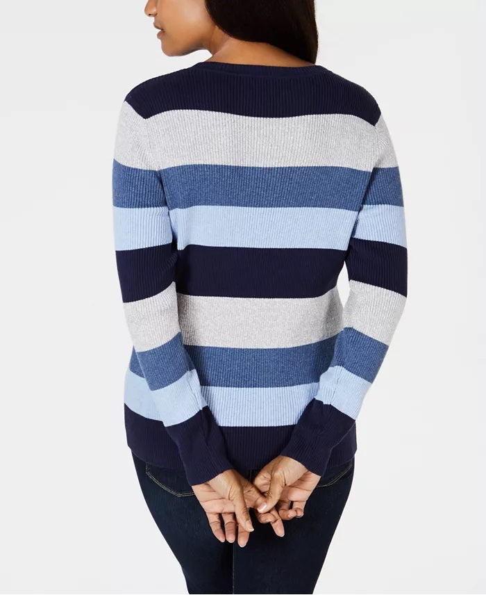 Karen Scott Women's Colorblocked V-Neck Cotton Sweater  Blue Size Large