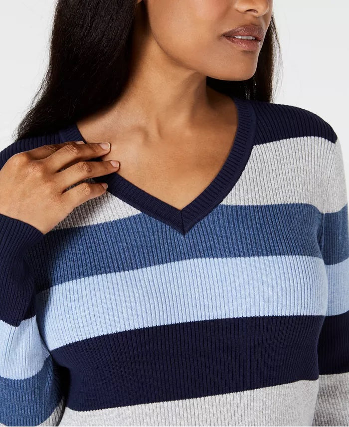 Karen Scott Women's Colorblocked V-Neck Cotton Sweater  Blue Size Large