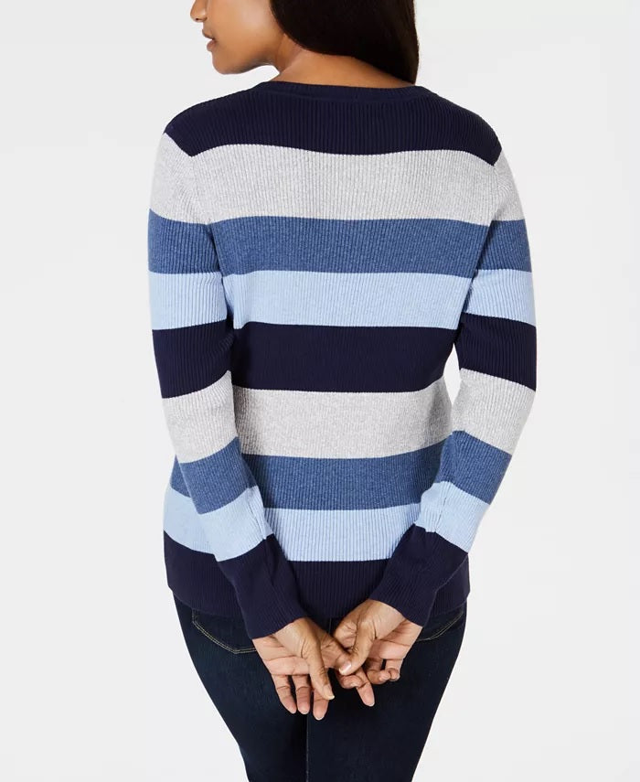 Karen Scott Women's Colorblocked V-Neck Cotton Sweater Blue Size Small